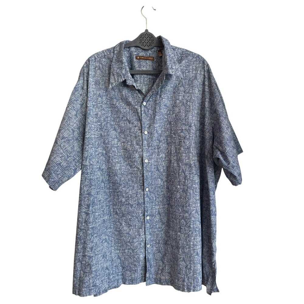 Tori Richard Mens 3XB Blue Geometric Cotton Lawn Short Sleeve Button Up Hawaii
